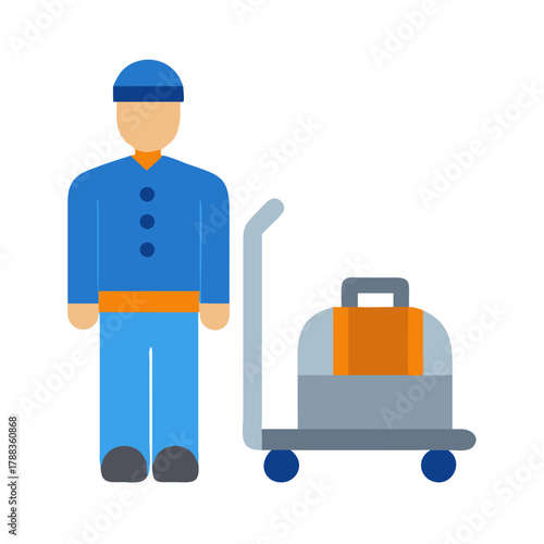 Hotel bellhop standing with luggage cart, flat design illustration