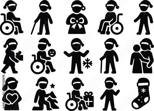 Festive christmas icons featuring diverse characters in santa hats, including people with disabilities, , conveying inclusivity and holiday spirit