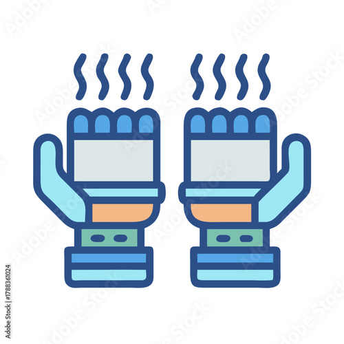 Pair of heated gloves radiating heat on black background