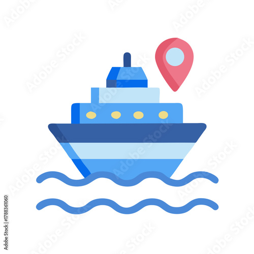 Flat illustration of cruise ship with map pin icon