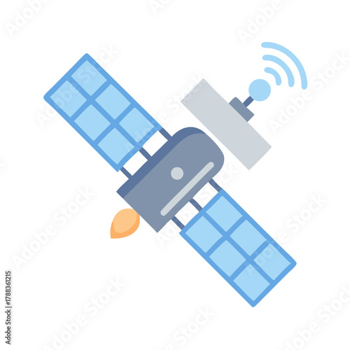 Satellite orbiting earth with communication signals and solar panels