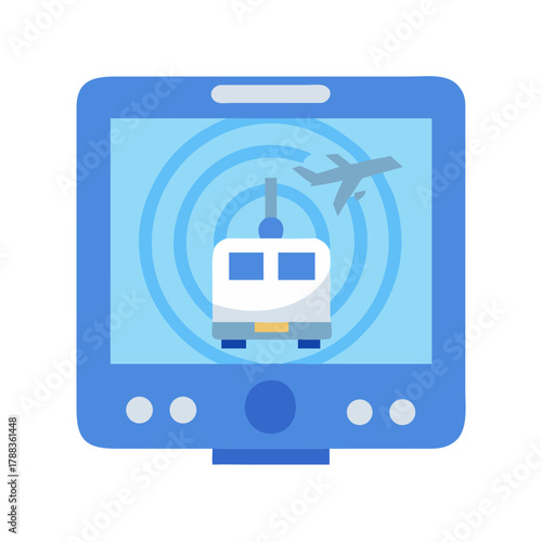 Blue radar screen with plane and vehicle detection icon