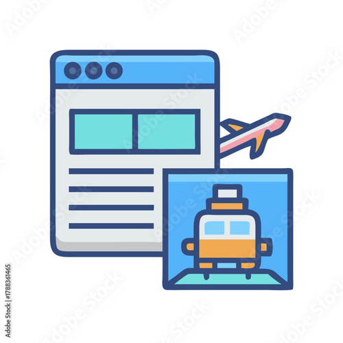 Travel agency website interface with taxi and airplane