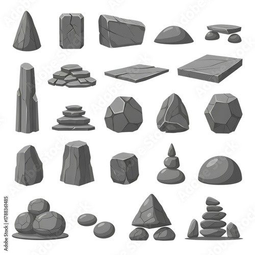 Collection of various grey stone rocks and pebbles in different shapes and sizes isolated on transparent background