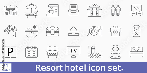  Resort hotel icon set. Containing hotel, tourism, wellness, beach, passport, maps, spa, and more.