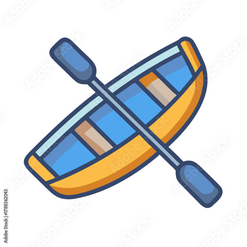 Cartoon style rowboat with oars, illustration on black backdrop