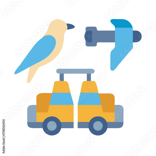 Stylized bird, vehicles and calipers on a black background