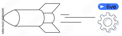 Rocket moving forward paired with a gear and live video sign. Ideal for technology, innovation, speed, progress, mechanics, live streaming, startup growth, simple flat metaphor