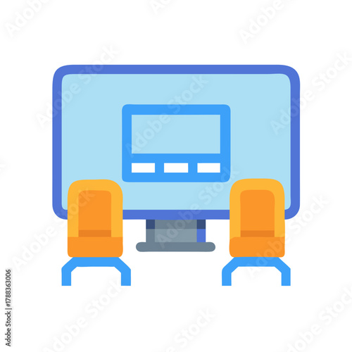 Flat illustration of conference room setting with computer screen