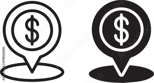 Dollar sign on a map pin icon, blue and white color  symbol, minimalist dollar sign graphic flat design vector symbol illustration 