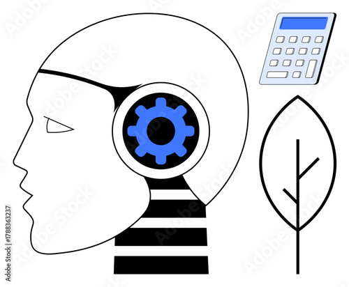 Profile of human head with gear as a brain, blue calculator, leaf symbolizing nature and technology. Ideal for sustainability, innovation, eco-tech, education, artificial intelligence, creativity