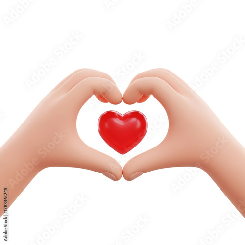Two hands forming a heart shape around a small red heart isolated on transparent background