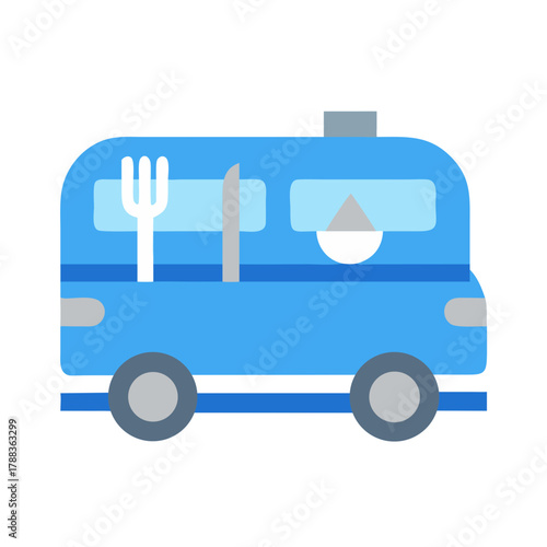 Blue food truck illustration with fork and knife icon