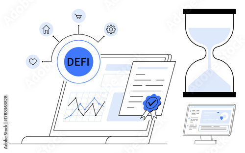Open laptop with decentralized finance network, certified document, data graphs, hourglass, and micro icons representing DeFi applications. Ideal for finance, blockchain, innovation, digital trends