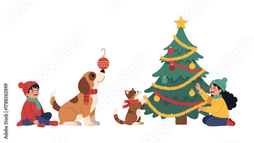 Festive Friends: A heartwarming scene unfolds as a group of children and their dogs joyfully decorate a Christmas tree.