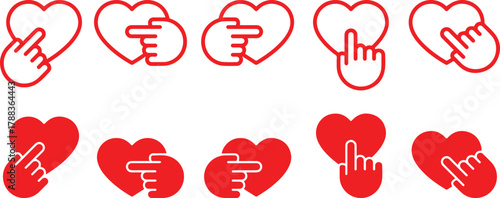 red heart icon, with hand icon heart with thumbs up icon abstract heart shapes stylized heart graphics, geometric heart elements, vector illustration