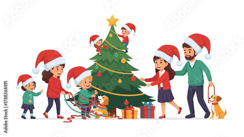 Christmas Family: A family happily decorates their Christmas tree. Filled with gifts, celebration and festive cheer. 