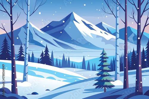 a serene winter landscape featuring snow covered mountains and birch trees stands out