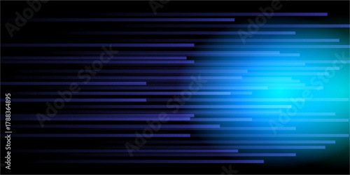 Glowing blue light streaks on a black background. Horizontal neon beams create a high-speed motion effect, symbolizing futuristic technology and digital energy