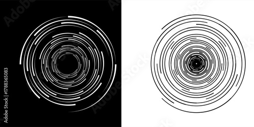 Abstract background with lines in circle. Art design spiral as logo or icon. A black figure on a white background and an equally white figure on the black side.