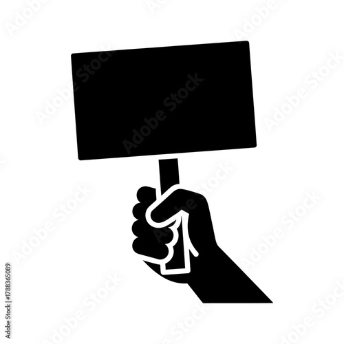 Black Silhouette Hand Holding Blank Rectangular Sign Icon on White