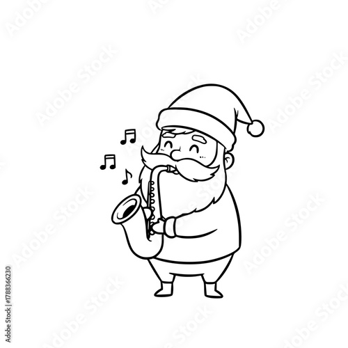 Cartoon Santa playing saxophone and enjoying Christmas music  