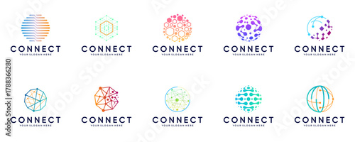 A collection of technology logos with a globe-shaped network connection concept, global tech, graphic illustration design.