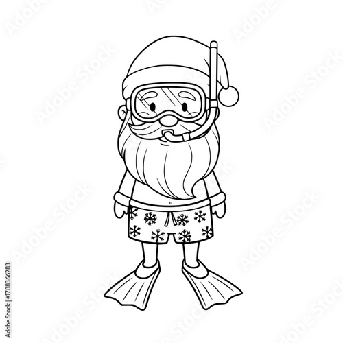 Santa Claus snorkeling in summer shorts with snorkeling gear  