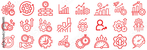 Red Icons Representing Business Growth, Efficiency, and Time Management