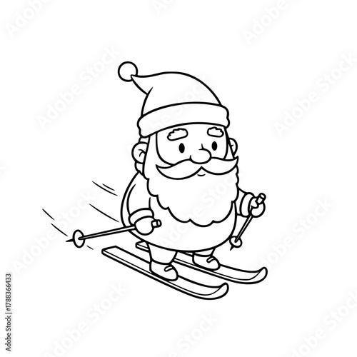 Santa Claus skiing on the slopes in winter in black and white  