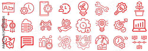 Red Line Icons Representing Business Processes, Time Management, and Growth