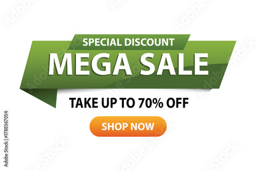 Mega sale special discount banner with shop now button take up to 70% off promotion label