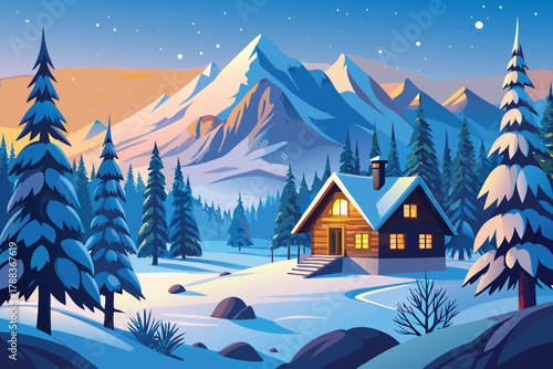 A cozy cabin nestled in a snow covered forest with majestic mountains