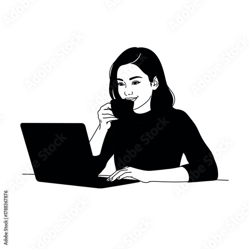 Relaxed young woman enjoying coffee while working remotely on laptop, creating a modern, productive atmosphere for your brand's content and promotions