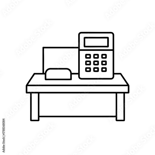 Outline of desk with calculator and eraser on top on transparent background silhouette