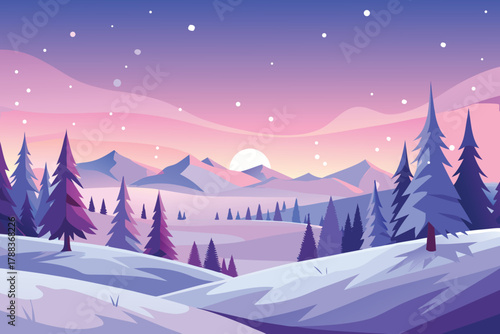 A serene winter landscape with snow covered mountains and a beautiful starry sky