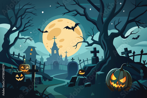 a spooky halloween scene featuring a castle graveyard pumpkins and a full moon