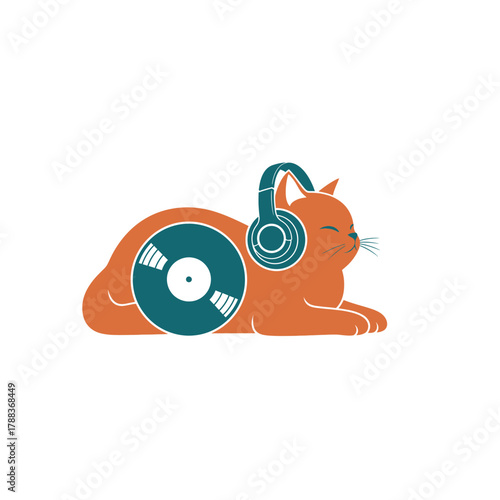 Cute cat listening music with headphones and vinyl record, a fun design for music lovers and pet owners, great for t-shirts and logo designs