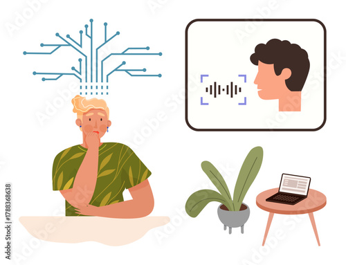 Thoughtful person with symbolic circuit brain, voice recognition interface, and workspace with laptop and plant. Ideal for AI, machine learning, technology, creativity, workspace, data processing