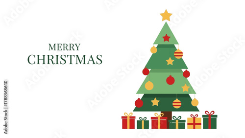 Festive Season Greetings: A vibrant Christmas tree stands adorned with ornaments, surrounded by beautifully wrapped gifts, the words Merry Christmas elegantly displayed.