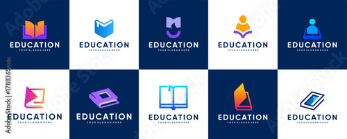 collection of educational logos with abstract book concepts, digital library service solutions, vector graphic design.
