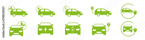 Electric car plug, green eco vehicle, energy and environment, sustainable transportation, hybrid auto icon, battery charge, isolated vector. Transparent background.