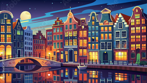 Very beautiful night view of Amsterdam, Netherlands, featuring illuminated canal houses, glowing reflections on calm water, and a realistic atmospheric European cityscape under the dark evening sky.