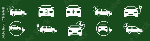 Electric car charging icon with battery and plug. Includes station for vehicles and hybrid energy. Represents eco-friendly, sustainable power and clean electricity.