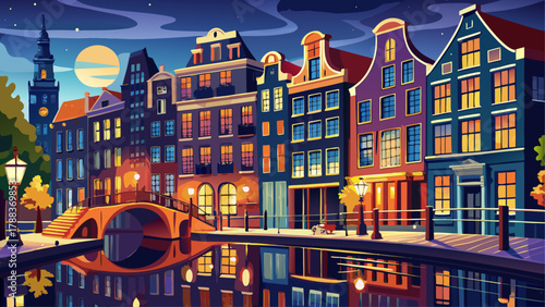 Very beautiful night view of Amsterdam, Netherlands, featuring illuminated canal houses, glowing reflections on calm water, and a realistic atmospheric European cityscape under the dark evening sky.