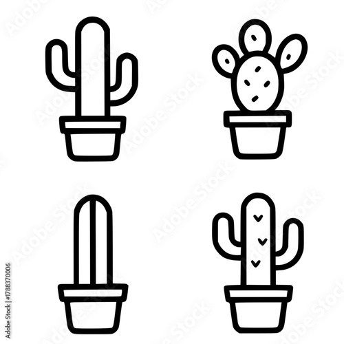 4 cactus illustrations, outline, transparent background