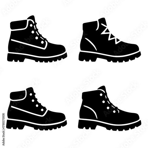 4 mountain shoe illustrations, black, transparent background