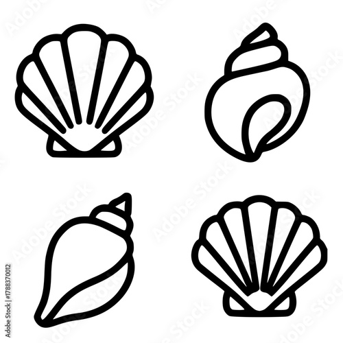 4 shell outline illustrations, black, transparent background