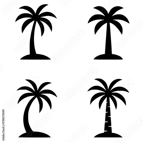 4 coconut tree icons, black, transparent background