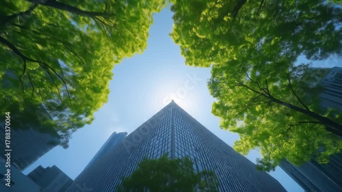 Low-angle view of a skyscraper framed by tree branches, sun peaking through